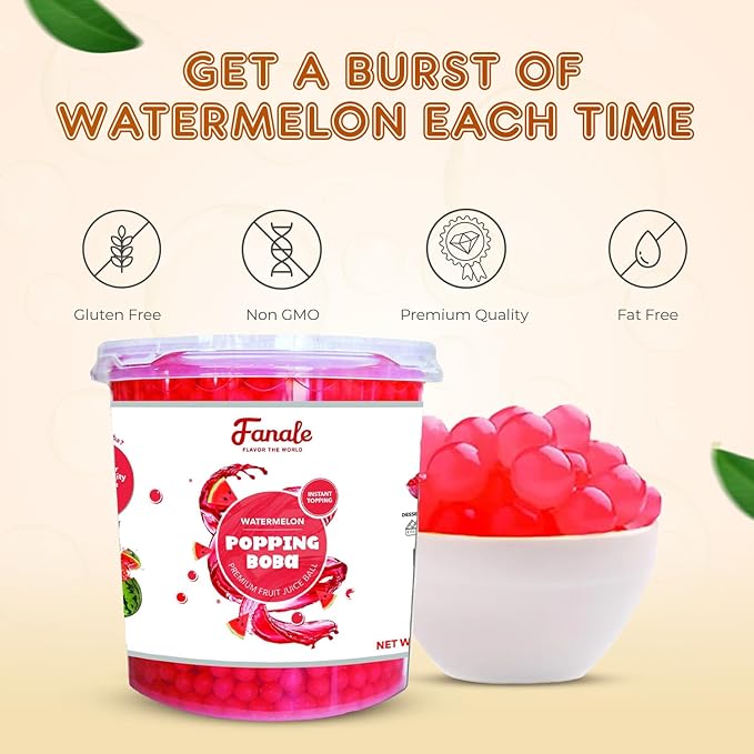 Fanale Watermelon Popping Boba Pearls, Vegan, Non GMO, Gluten Free, Fat Free, Perfect for Bubble Tea, Smoothies, Ice Cream, Desserts, and Beverages.