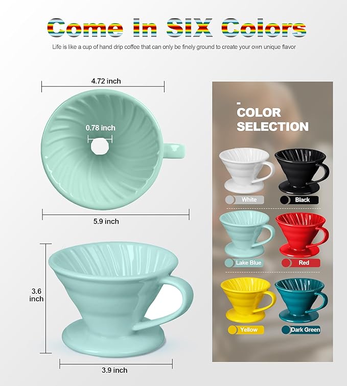 Pour Over Coffee Dripper - Ceramic Pour Over Coffee Maker Cone, Porcelain Coffee Drip, Pour Over Single Cup, Manual Brew Maker for Home, Cafe, Office - 1-4Cup, V60 Size 02 (Lake blue)