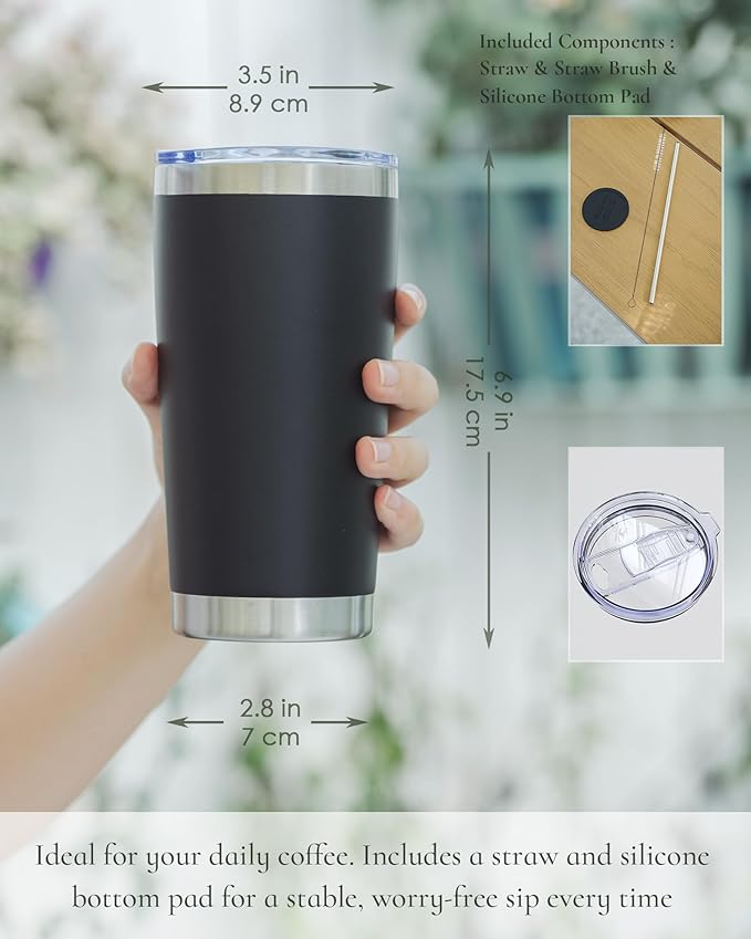 Travel Coffee Tumbler 20oz, 12 Pack Leakproof Travel Coffee Mug with Lid and Straw, Stainless Steel Double Wall Vacuum Insulated Tumbler for Hot/Iced Drinks (Textured Matte, Black)