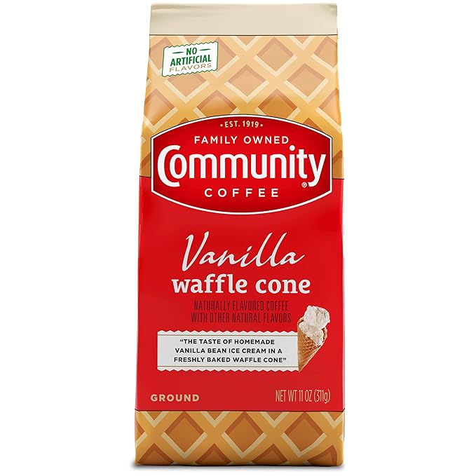 Community Coffee Vanilla Waffle Cone, Ice Cream Flavored Ground Coffee, 11 Ounce Bag (Pack of 1)