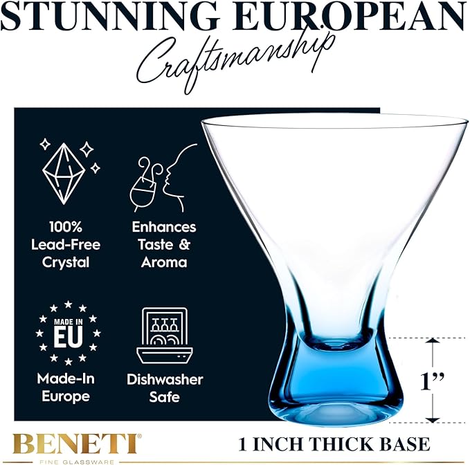 BENETI European Made Colored Martini Glasses Set of 6 Stemless Cocktail Glasses - 8 Oz, Dishwasher Safe, Crystal Glass Cups for Partys