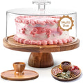Acacia Wood Cake Stand with Lid - Multifunctional 12 In Round Cake Holder, Dessert Table Display Set & Charcuterie Board for Cheese, Chips, Fruit Platter, Acrylic Cake Dome Cover, No Glass