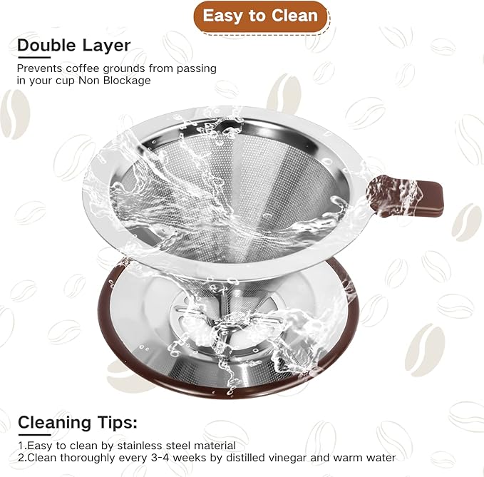 Pour Over Coffee Dripper，Reusable Stainless Steel Drip Cone Coffee Filter, Update Double Ultra Fine Micro Mesh Filter, Professional Paperless Drip Brew Coffee Cone Maker with Cup Stand,1-2 Cup