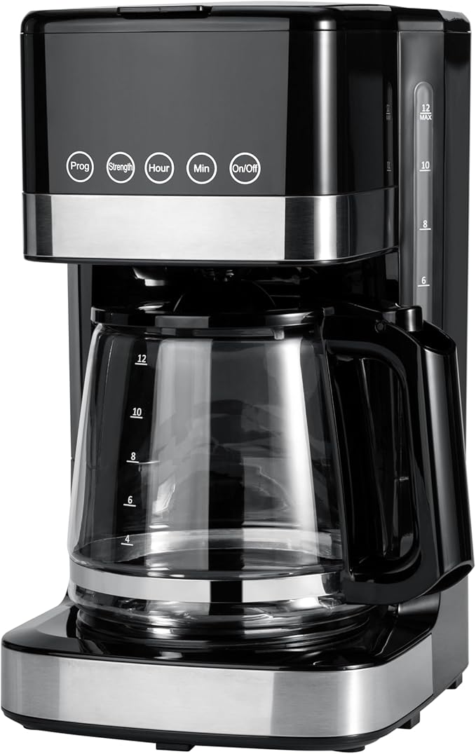Amazon Basics Programmable 12 Cup Drip Coffee Maker, Coffee Machine with Glass Coffee Pot (1.9 Qt), Auto Shut-off, Touch Screen, Auto Pause, Removable Filter Basket, Black & Silver