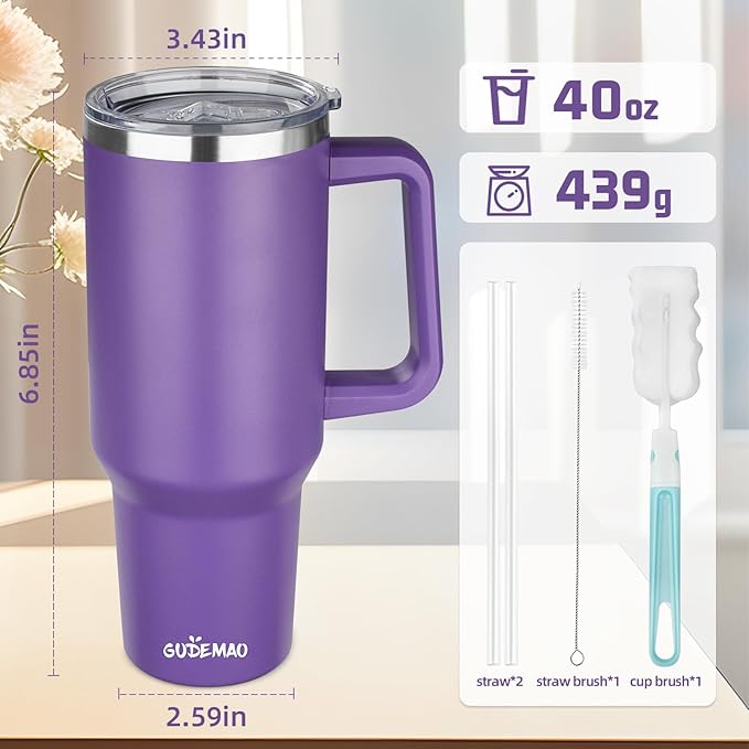 40 oz Insulated Coffee Mug with Ceramic Coating, Stainless Steel Travel Mug Tumbler with Handle Lid and Straw, Double Wall Leak-Proof Coffee Travel Mug Keeps Drink Hot and Cold (Purple)