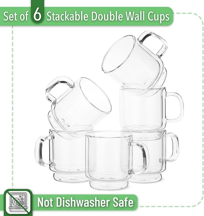 BTaT - Stackable Espresso & Demitasse Glass Coffee Cups, Set of 6 (2.0 oz, 60 ml), Double Wall, Clear