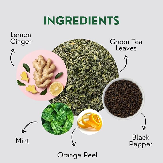 Lemon Ginger Green Tea Bags (50 Count), Green Tea with Orange Peel, Black Pepper & Mint Extract, Caffeinated, Real and Natural Green Tea, Blended with Fresh Herbs and Spices, Gluten Free