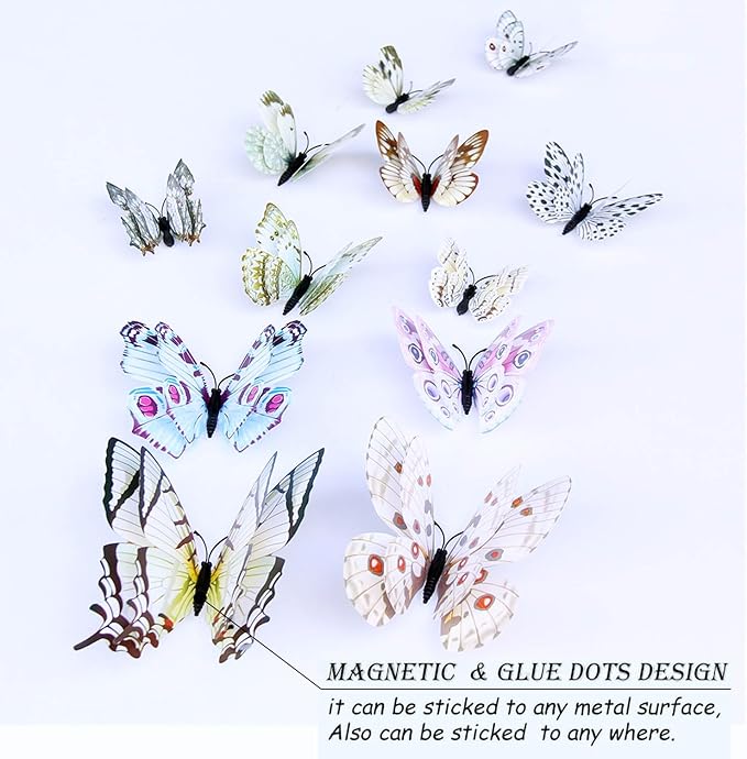 Butterfly Wall Decor 24/48 PCS, 3D Butterflies Stickers for Party Decorations with Magnets (White, 24)