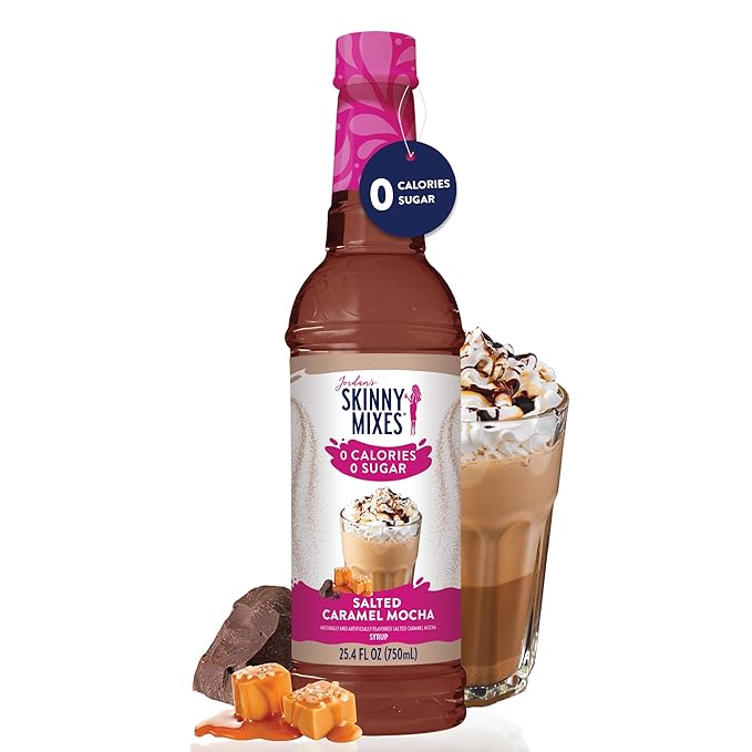 Jordan's Skinny Syrups Sugar Free Coffee Syrup, Salted Caramel Mocha Flavor Drink Mix, Zero Calorie Flavoring for Lattes, Protein Shake, Food & More, Gluten Free, Keto Friendly, 25.4 Fl Oz, 1 Pack