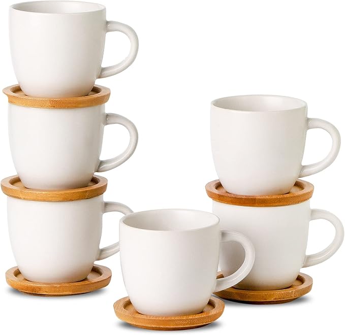 Hasense 3 Ounce Espresso Cups and Saucers Set of 6, Demitasse Cups with Handle for Coffee Drinks, Latte, Cappuccino, Cafe Mocha and Tea, Porcelain Coffee Cups for Coffee Bar Home and Party, White