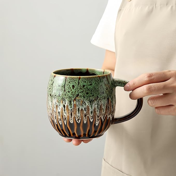 20oz Raku Glaze Coffee Mug - Unique Handcrafted Look Ceramic Cup, Large Tea Mug, Microwave & Dishwasher Safe (green)
