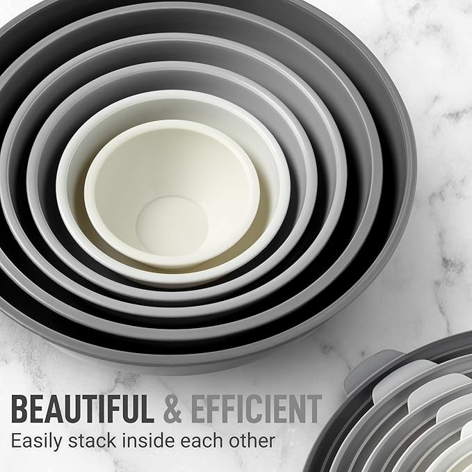 Zulay Kitchen 12 Piece Plastic Nesting Mixing Bowls with Lids - Colorful Microwave & Freezer Safe Gray Ombre Set