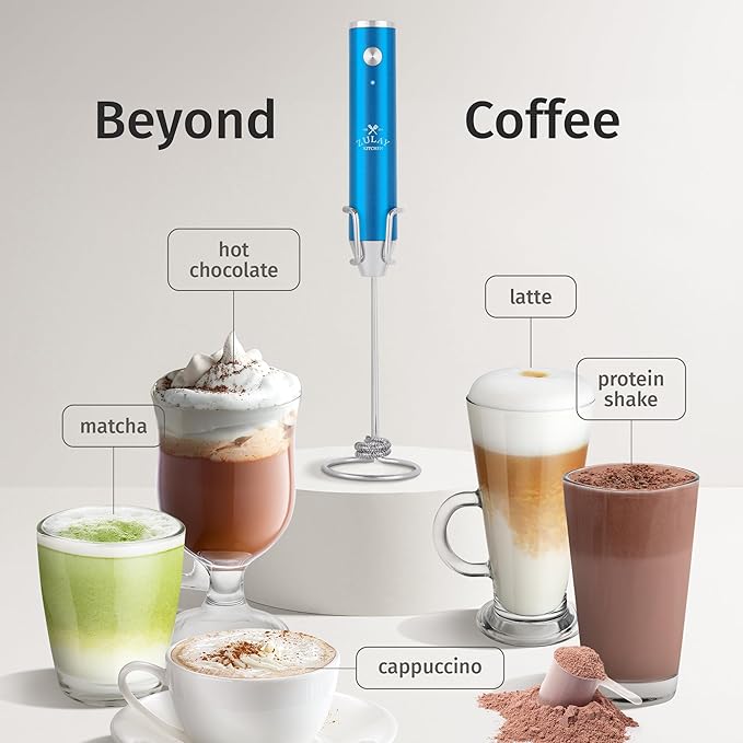 Zulay Kitchen Lux Rechargeable Milk Frother Handheld - Powerful 2-Speed Motor, Fully Waterproof, 2000mAh Battery - Drink Mixer For Latte, Cappuccino, Matcha, Protein Powder - Metallic Blue