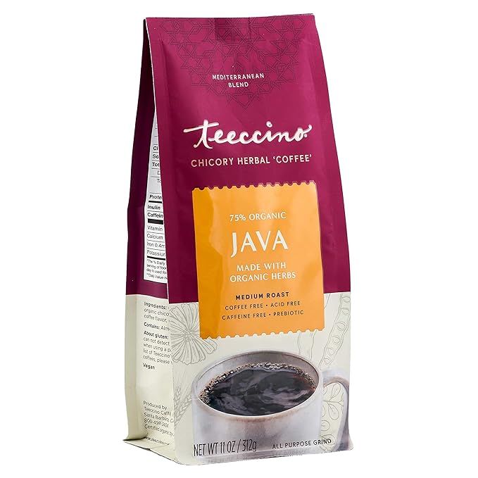 Teeccino Java Chicory Coffee Alternative - Ground Herbal Coffee That’s Prebiotic, Caffeine Free & Acid Free, Medium Roast, 11 Ounce (Pack of 3)