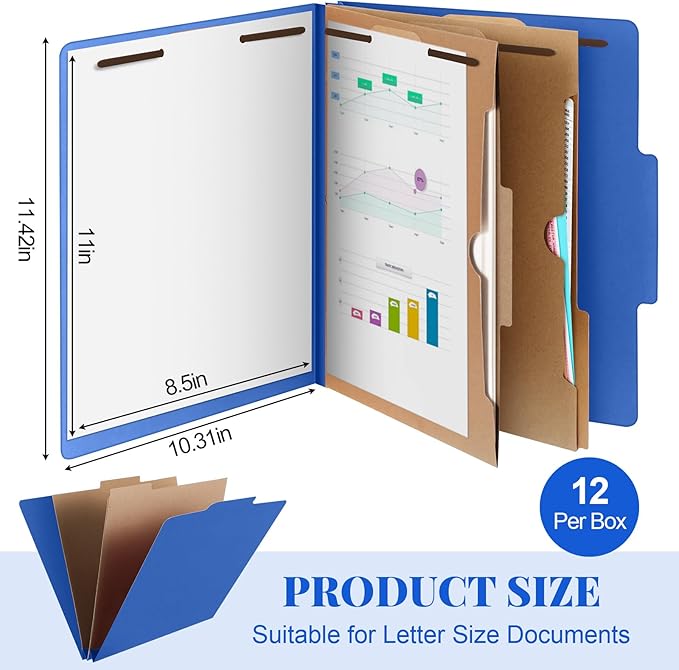 12 Pcs Classification Folders Letter Size,Back to School Supply for Teacher, Student, 2 Pocket Dividers Pressboard File Folder Bulk with 2 Fasteners,2 in Expanding File Organizer (Dark Blue)