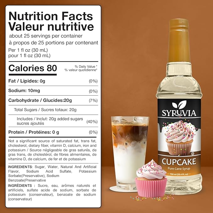 Syruvia Coffee Syrup, Cupcake Flavored Syrup for Drinks, Lattes, and Desserts – 25.4 fl oz,