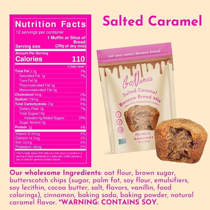 GoNanas Salted Caramel Oat Flour Banana Bread Mix, Suitable for Plant Based Vegan Diets, Gluten Free Dairy Free Snacks, Healthy Snacks For Adults, Muffin Mix, Nut Free, Cupcakes Dessert, NON-GMO, 3pk