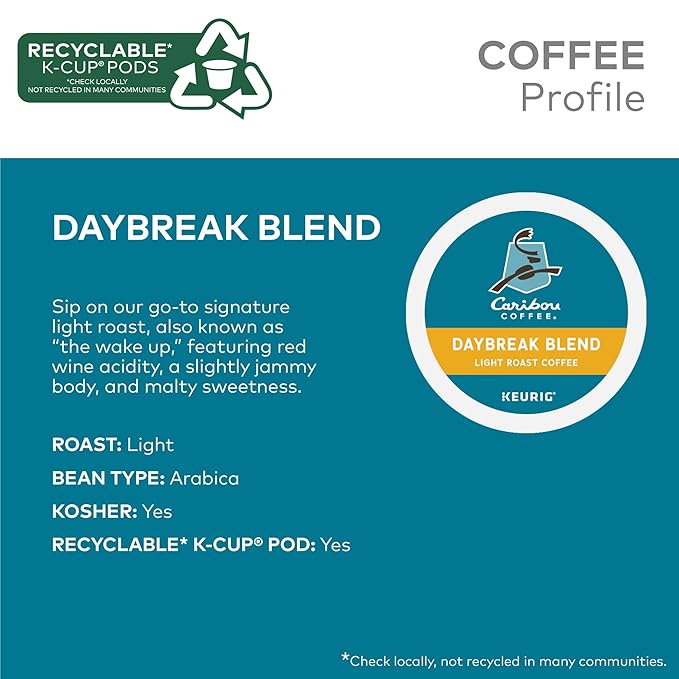 Caribou Coffee Daybreak Blend Keurig Single-Serve K-Cup Pod, Light Roast Coffee(Pack of 6, 60 Count Total)