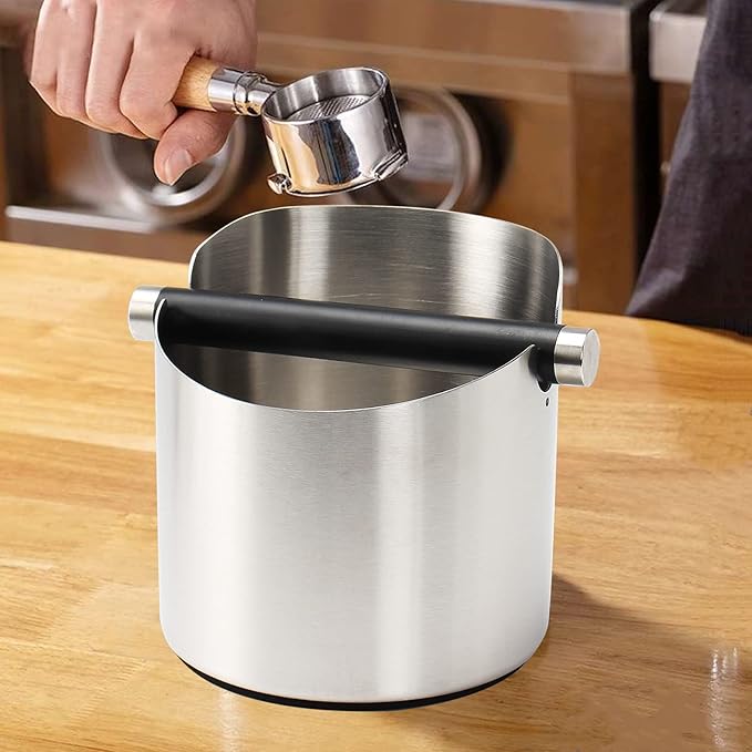 Coffee Knock Box, Espresso Knock Box Stainless Steel Espresso Machine Accessories with Removable Knock Bar and Non-Slip Base Coffee Grounds Container Bin, Large (Silver)
