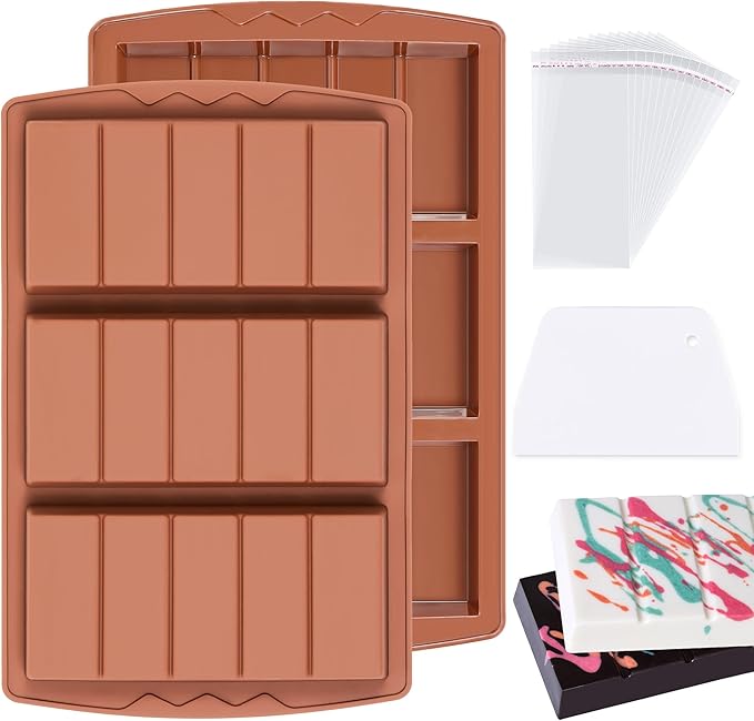 2 Pcs Chocolate Bar Molds Deep Large Chocolate Molds Silicone Break Apart Thick Silicone Molds for Candy Bar, With 100 Pcs Bags and 1 Pc Scraper Set (5 Snap）