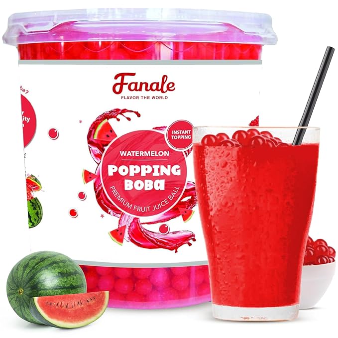 Fanale Watermelon Popping Boba Pearls, Vegan, Non GMO, Gluten Free, Fat Free, Perfect for Bubble Tea, Smoothies, Ice Cream, Desserts, and Beverages.