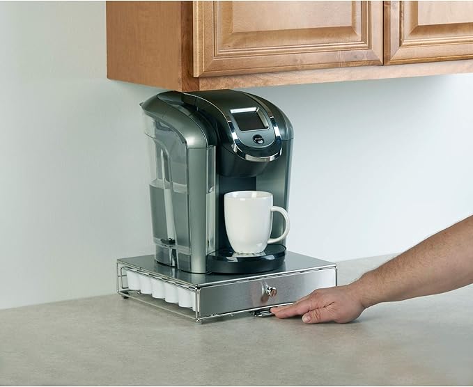 Nifty Coffee Pod Drawer – Stainless-Steel, Compatible with K-Cups, 36 Pod Pack Holder, Rolling Drawer, Under Coffee Pot Storage Sliding Drawer, Home Kitchen Counter Organizer