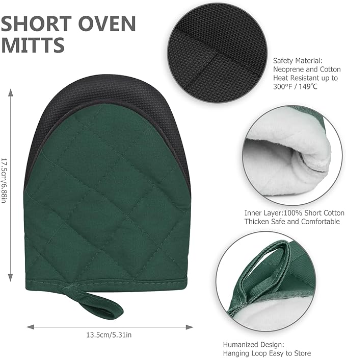 1 Pair Short Oven Mitts - Silicone Kitchen Oven Gloves High Heat Resistant 500℉, Mini Oven Mits with Non-Slip Grip Surfaces and Hanging Loop for BBQ, Baking, Cooking and Grilling (ArmyGreen)