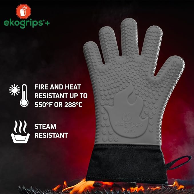 Ekogrips+ Premium Silicone Oven Mitts - Comfy, Waterproof, Heat Resistant BBQ Gloves for Grilling, Long Cuff for Added Protection, 5 Finger Dexterity, 3 Sizes, 4 Colors, S/M, Grey
