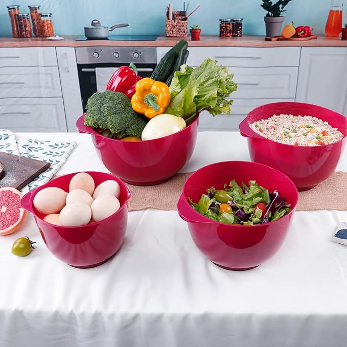BoxedHome Nesting Plastic Mixing Bowl Set, 4 Piece Mixing Bowl Set with Pour Spouts, Size 1.7, 2.5, 3.5 and 4.5qt, for Prepping, Mixing, Baking, Cooking, Deep Carmine