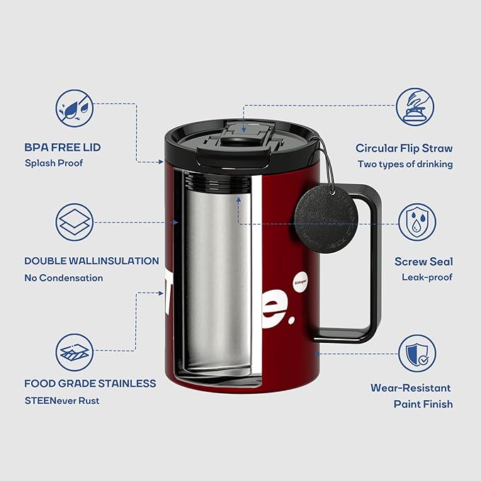 Sidagar+ 18 OZ z Stainless Steel Insulated Coffee Mug with Handle and Lid, Double Wall Vacuum Travel Mug, Tumbler Cup with Sliding Lid, Resuable Insulated Coffee Tumbler, Red