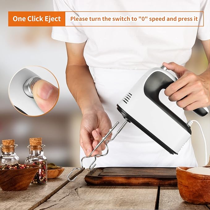 9-Speed Digital Hand Mixer Electric, 400W Powerful DC Motor, Baking Mixer Handheld with Snap-On Storage Case, 5 Stainless Steel Accessories, Flat Beaters, Dough Hooks, Whisk (White & Black)
