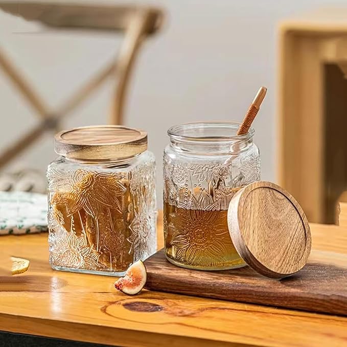 Snminetal Vintage Glass Airtight Storage Jar, With Airtight Wood Lid, Kitchen Food Storage Containers,for Kitchen Counter, Pantry, Tea, Sugar, Coffee Tea Beans,Flour,Food Storage Jar (Sunflower*2)