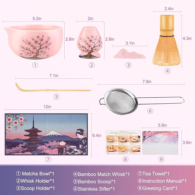 DELLAN Matcha Whisk Set, Cherry-Blossom Matcha Set Making Kit Includes Ceramic Matcha Bowl, Whisk and Holder, Bamboo Scoop, Scoop Rest, Sifter, Greeting Card and Tea Towel - 8 Pcs Matcha Set Pink