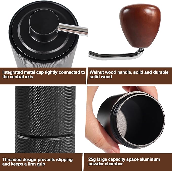 Manual Coffee Grinder Detachable Stainless Steel Conical Burr Aluminum Coffee Bean Grinder with 25 Grinding Settings Cleaning Brush Grindable Espresso Moka Pot French Press for Camping Black