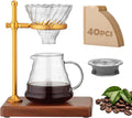 Pour Over Coffee Maker Set – Glass Coffee Dripper with Stainless Steel Stand, Wooden Base & 40 Filters – Travel Filter Coffee Maker