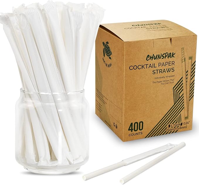 [400 Pack] Compostable Short Paper Straws Individually Wrapped, 5.75" x 0.24", Dye-free White - Great for Kids, Milk Cartons, Cocktail & Coffee