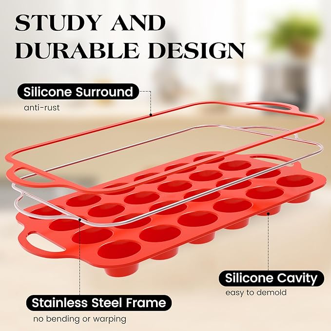 Regular 12 Cup and Mini 24 Cup Nonstick Cupcake Pan Set Silicone Muffin Pan for Baking Silicone Cupcake Mold with Metal Reinforced Frame BPA Free (2 Pcs, Red)