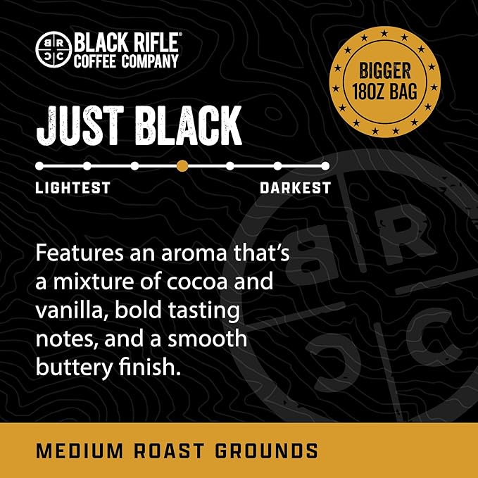 Black Rifle Coffee Company Ground Coffee Medium Roast - Roasted Blend Made from Pure Arabica Beans - Colombian & Brazilian Beans - Veteran Founded & American Made (Just Black, 18oz Bag)