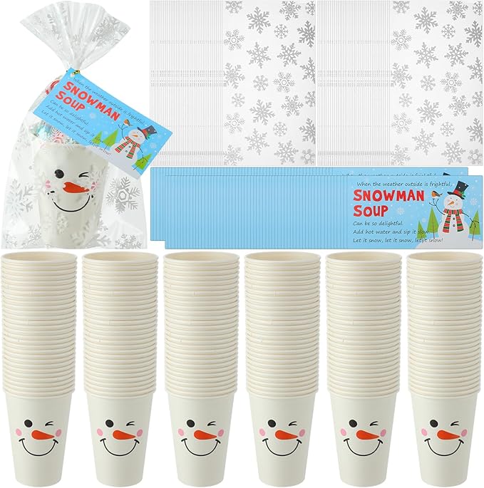 150 Sets Christmas Snowman Soup Kits for Classroom Coworker Gift 12 Oz Winter Snowman Paper Cups for Hot Cocoa Chocolate Marshmallow Soup Tags Clear Xmas Bags (Classic)