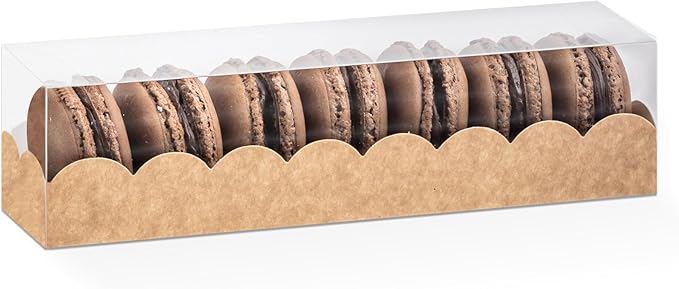 Pack of 25 Macaron Boxes with Clear Window (For 7) - Ideal for Gift Packaging or Strawberry - 7.48 x 1.96 x 1.96 Inch Natural Brown