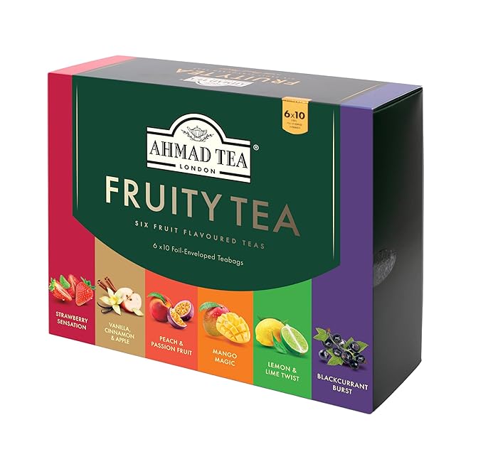 Ahmad Tea Black & Green Tea, Fruitytea Assorted Sampler Variety Gift Box, 60 Foil Teabags - Caffeinated & Sugar-Free