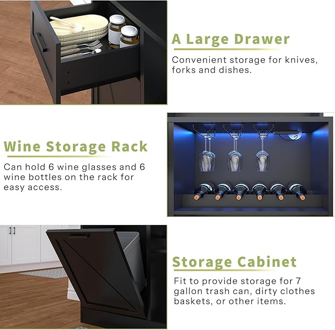 67.3" Tall Modern Black Kitchen Pantry Storage Cabinet with Drawer and Shelves, Tilt Out Trash Can, Coffee Bar Wine Cabinet with LED Lights and Power Outlet, Wine Glass Rack, 2 Mesh Doors
