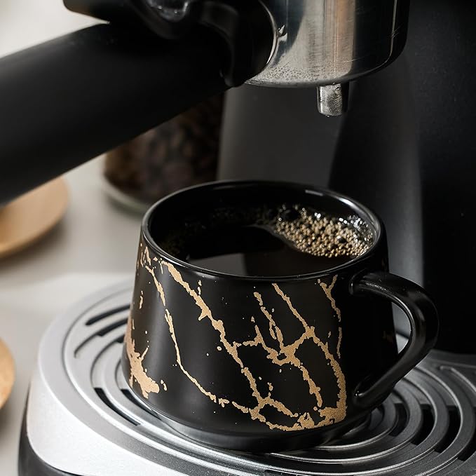 LUKA Ceramic Espresso Cups with Saucers and Metal Stand, Small 4 oz Porcelain Demitasse Cups Set of 6, Cute Cappuccino Coffee Cups for Double Espresso, Tea, Marbling Black
