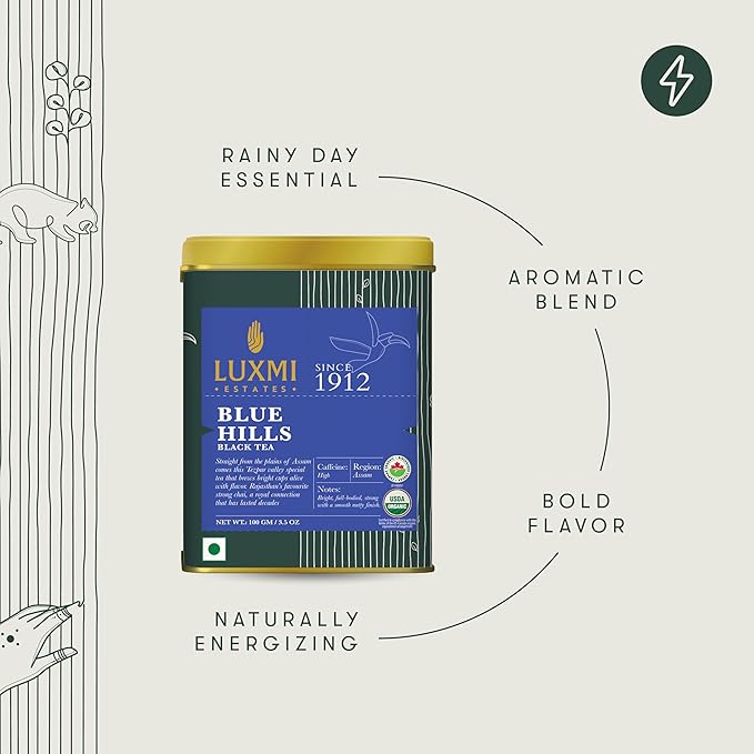Luxmi Estates - Blue Hills - Organic CTC Assam Black Tea - Loose Leaf - 100g (50 Cups) | Jodhpur Blend - Rajasthan's Favorite Chai | Strong Cup of Original Indian Chai Tea - No Spices