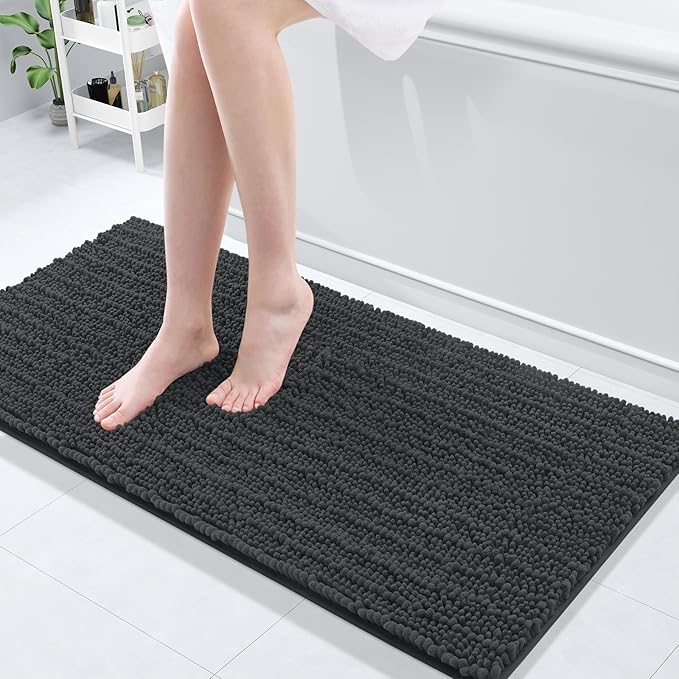 Arotive Luxury Chenille Bathroom Rug Mat, Extra Soft Thick Absorbent Shaggy Bath Rugs, Non-Slip Machine Wash Dry, Plush Bath Mats for Bathroom, Shower and Tub, 47x17, Dark Grey