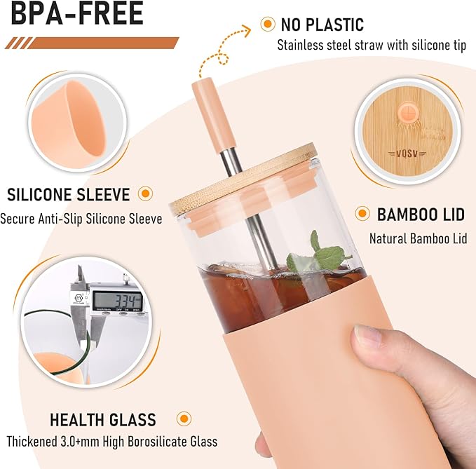 Glass Tumbler w/Lids & Straw - 24oz Reusable Mug w/Bamboo Lid & Stainless Steel Straw - BPA-Free, Leak-Proof, Dishwasher Safe for Coffee, Smoothies, Hot Beverages, Travel, Office, Home Use,1-PK