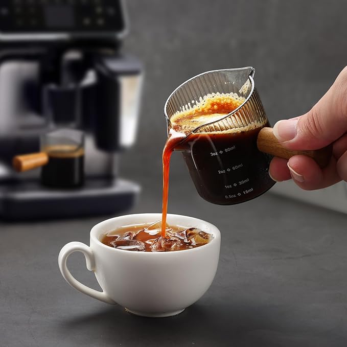 Espresso Cups 3 OZ, Double V-Shaped Spouts Cups, Espresso Shot Glasses with Wood Handle, Ribbed Milk Measuring Cup