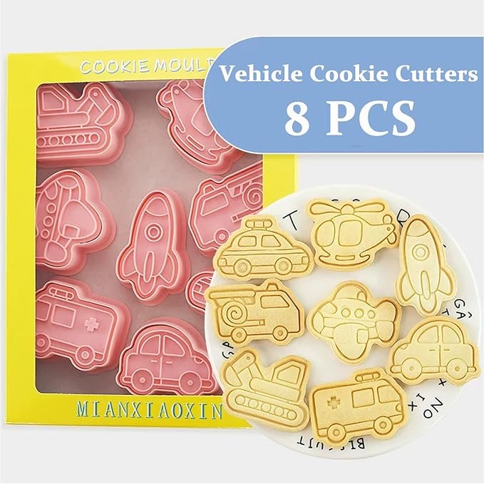 8Piece Vehicle Cookie Cutters Set,3D Transport-Themed Plastic Baking Molds for Cookies, Fondant, Cheese – Includes Plunger Stamp for Embossing (E)