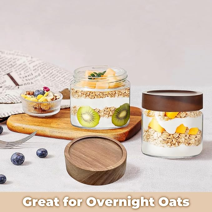 17 Fl oz/500 ml Glass Food Storage Jar, Premium Clear Glass Container Jar with Airtight Wooden Screw Lid, Kitchen Canisters for Coffee,Tea,Pasta,Cookies, Nuts,Spice,Candy,Overnight Oatmeal（Small)