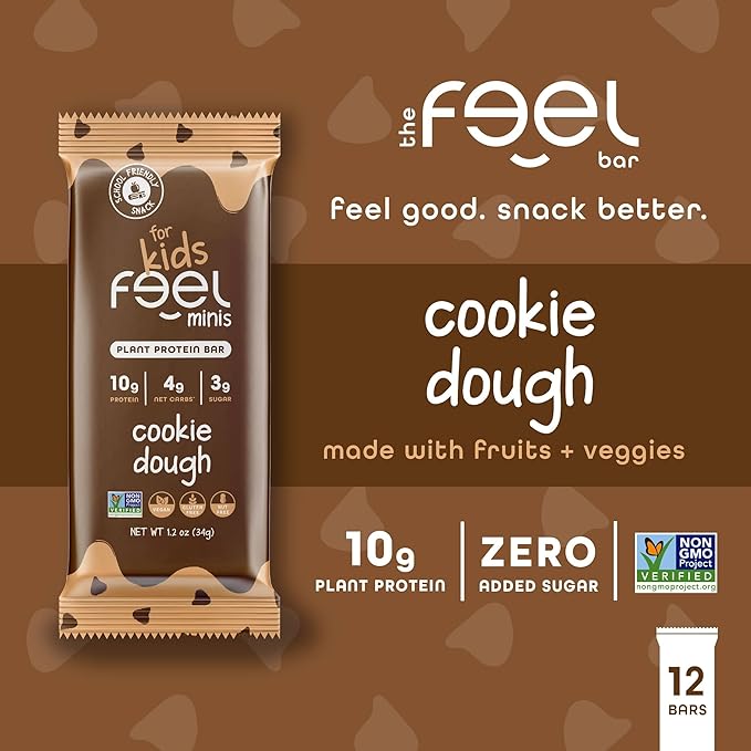 Feel Bar Minis – Kids Protein Bars | Cookie Dough – 12 Pack | 10g Plant Protein | 100 Calories | No Added Sugar | + Daily Veggies | Gluten Free, No Nuts, No Soy, No Dairy, No Grains